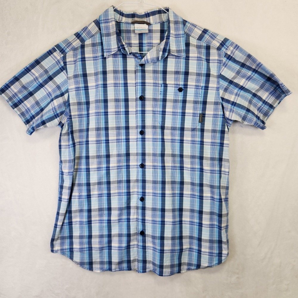Columbia Mens Blue Plaid Short Sleeve Button Down Shirt Regular Fit Large L